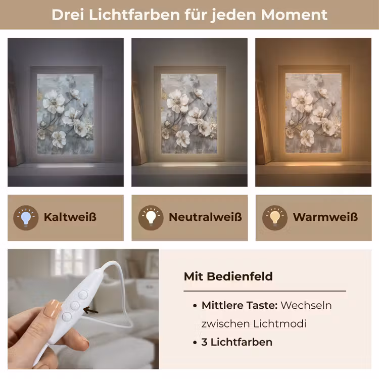 Bloemen - Wit - Grijs - Goud - Luxe Light Box met kabel (Tafellamp) klein -USP_lichtkleurDE