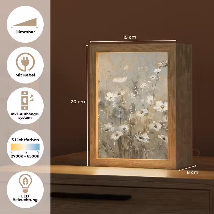 Bloemen - Wit - Natuur - Grijs - Modern Light Box met kabel (Tafellamp) klein -USP_DE