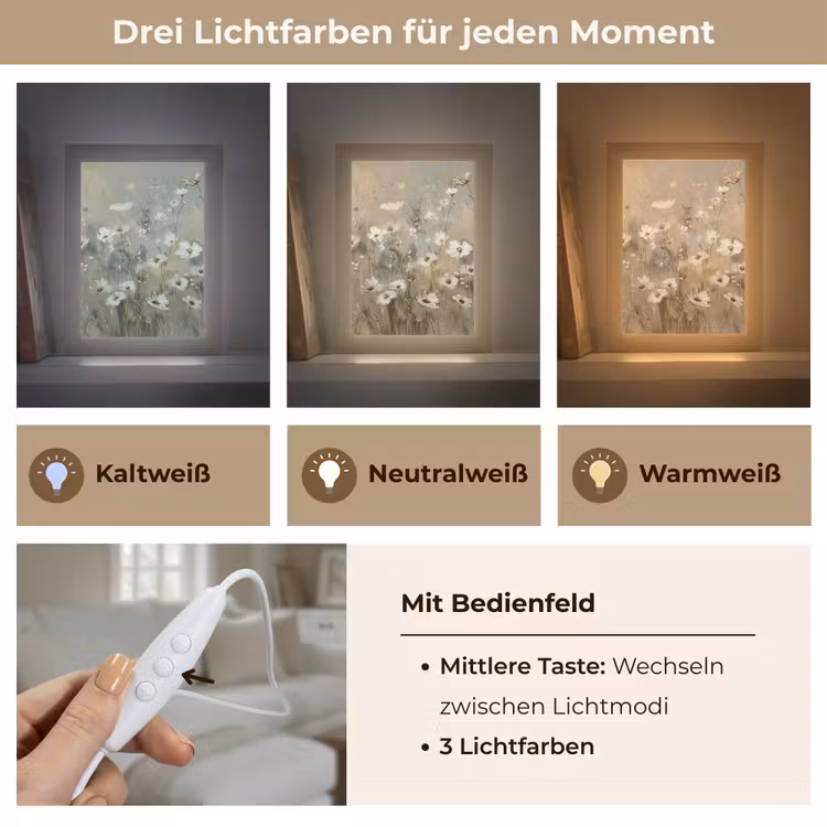 Bloemen - Wit - Natuur - Grijs - Modern Light Box met kabel (Tafellamp) klein -USP_lichtkleurDE