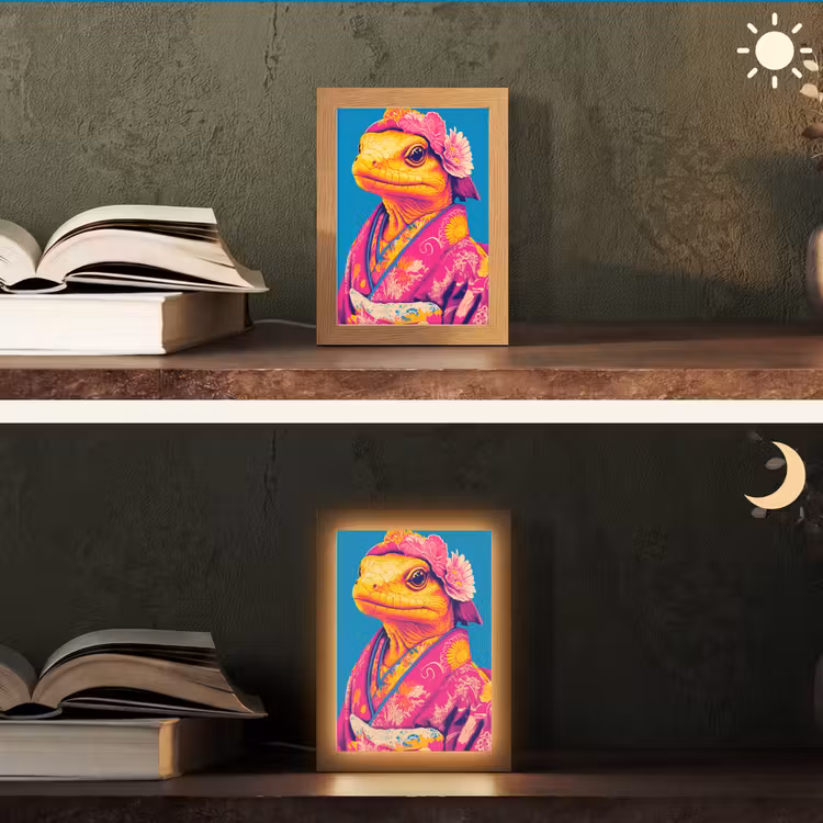 Bloemenkrans - Hagedis - Kimono - Paars Light Box met kabel (Tafellamp) klein -sfeer3