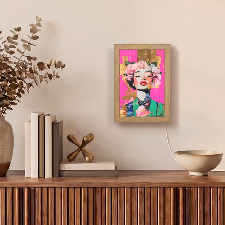 Bloemenkroon - Goud - Vrouw - Portret Light Box met kabel (Tafellamp) klein -sfeer2