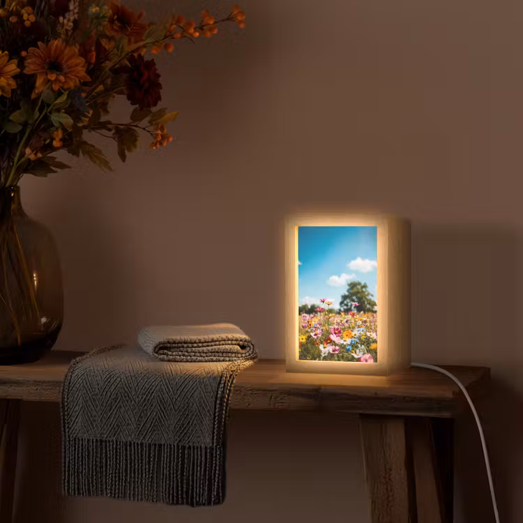 Bloemenweide - Blauw - Lucht - Kleuren Light Box met kabel (Tafellamp) klein -sfeer4