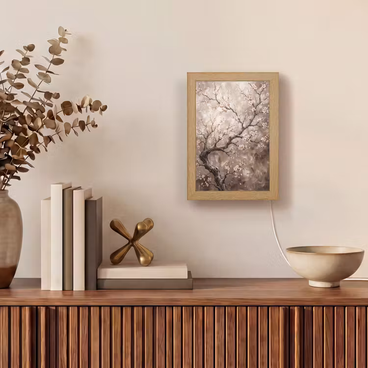 Bloesem - Takken - Schilderij - Beige - Serene Light Box met kabel (Tafellamp) klein -sfeer2