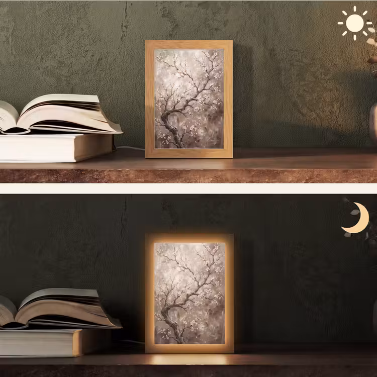 Bloesem - Takken - Schilderij - Beige - Serene Light Box met kabel (Tafellamp) klein -sfeer3
