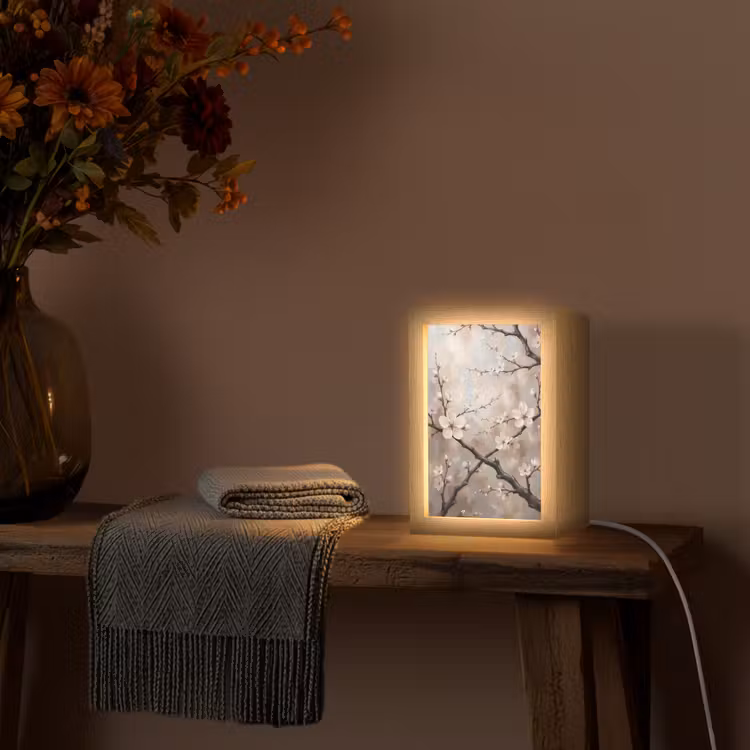 Bloesem - Takken - Schilderij - Beige - Serene Light Box met kabel (Tafellamp) klein -sfeer4