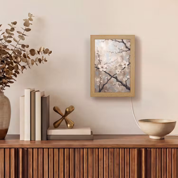 Bloesem - Takken - Schilderij - Beige - Serene Light Box met kabel (Tafellamp) klein -sfeer2