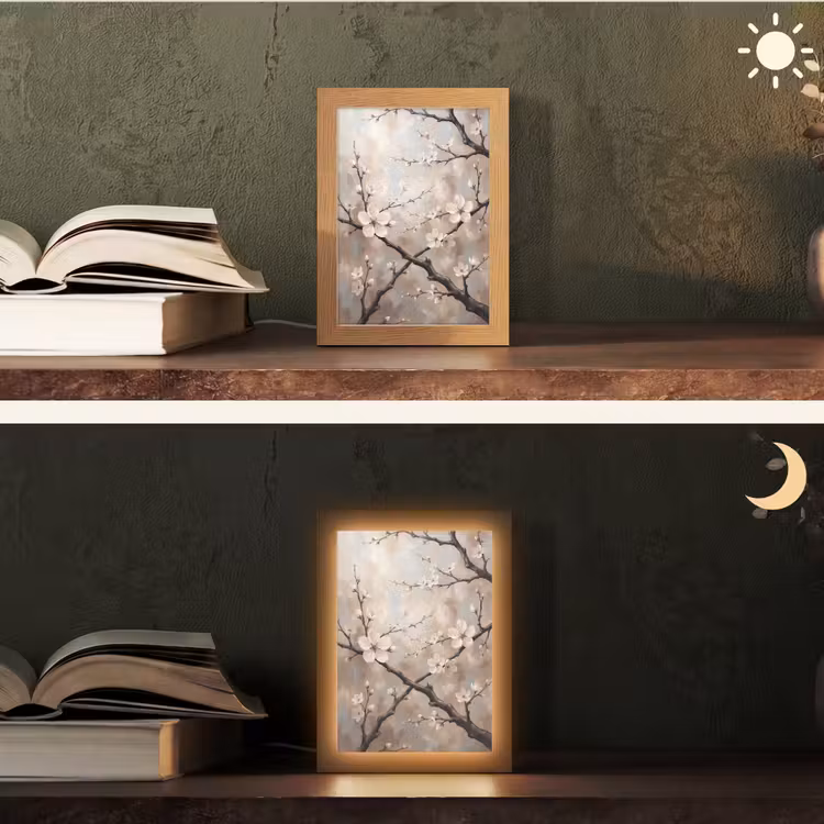 Bloesem - Takken - Schilderij - Beige - Serene Light Box met kabel (Tafellamp) klein -sfeer3