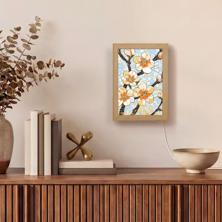 Bloesems - Wit - Mozaïek - Tak Light Box met kabel (Tafellamp) klein -sfeer2