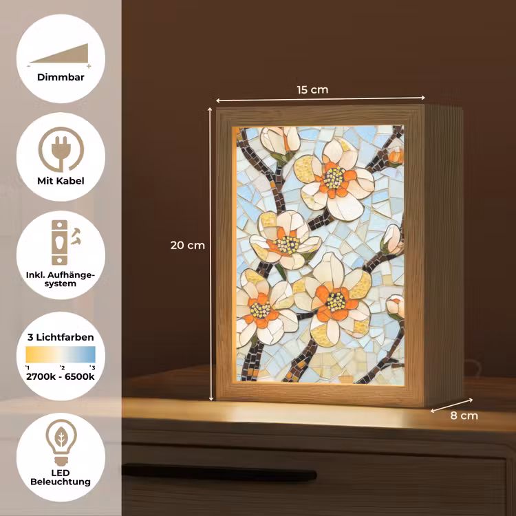 Bloesems - Wit - Mozaïek - Tak Light Box met kabel (Tafellamp) klein -USP_DE