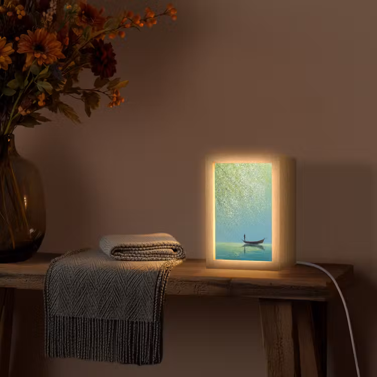 Bootje - Water - Bladeren - Bloesems Light Box met kabel (Tafellamp) klein -sfeer4
