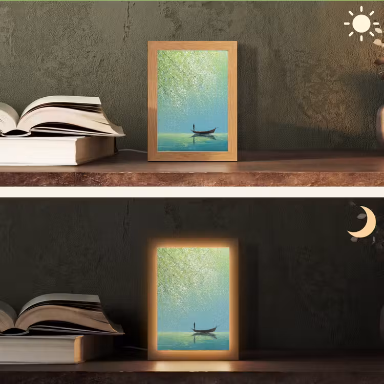 Bootje - Water - Bladeren - Bloesems Light Box met kabel (Tafellamp) klein -sfeer3