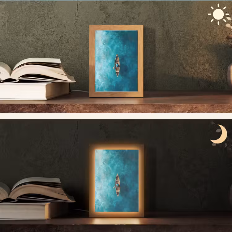 Bootje - Water - Blauw Light Box met kabel (Tafellamp) klein -sfeer3