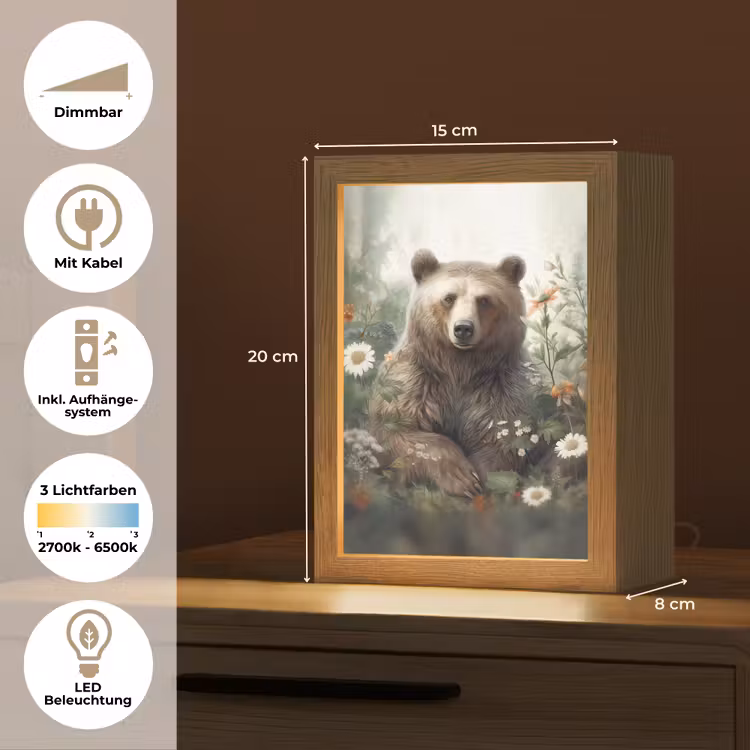Bruine beer - Wilde dieren - Bloemen - Planten Light Box met kabel (Tafellamp) klein -USP_DE