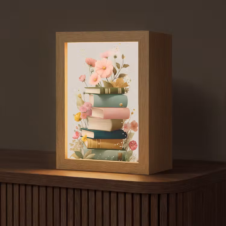 Boeken - Stapel - Bloemen - Kleurrijk Light Box met kabel (Tafellamp) klein -z3d_website