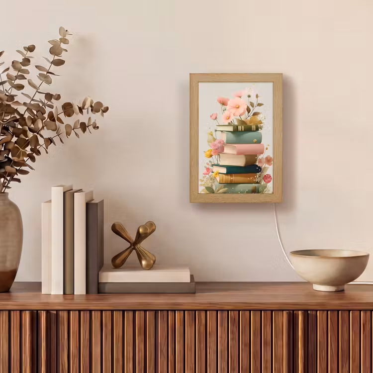 Boeken - Stapel - Bloemen - Kleurrijk Light Box met kabel (Tafellamp) klein -sfeer2