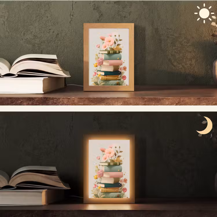 Boeken - Stapel - Bloemen - Kleurrijk Light Box met kabel (Tafellamp) klein -sfeer3
