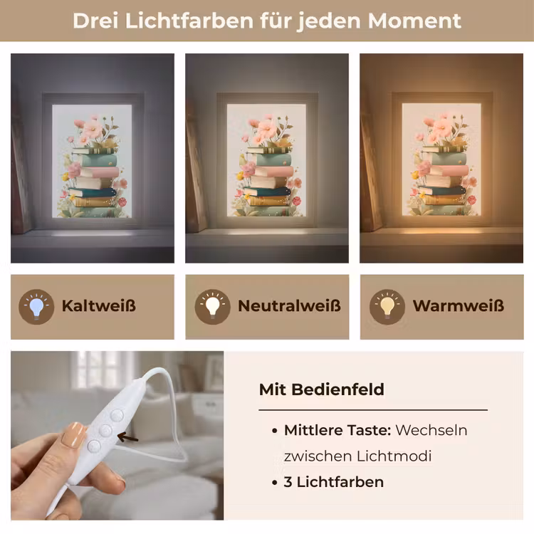 Boeken - Stapel - Bloemen - Kleurrijk Light Box met kabel (Tafellamp) klein -USP_lichtkleurDE