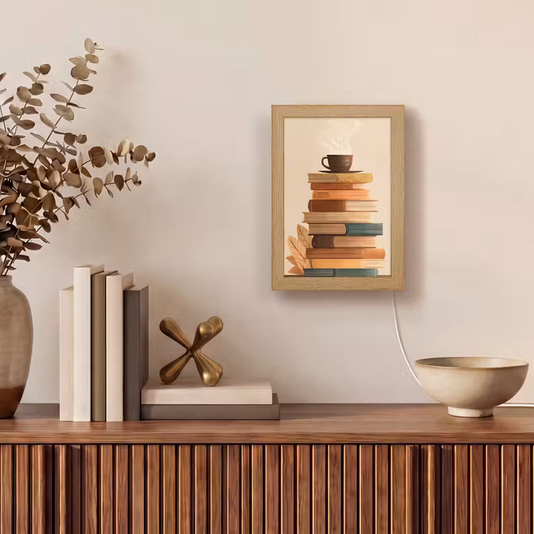 Boeken - Toren - Koffie - Beige Light Box met kabel (Tafellamp) klein -sfeer2