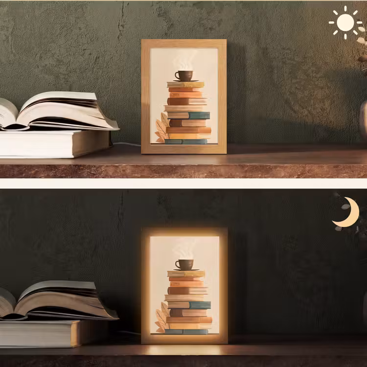 Boeken - Toren - Koffie - Beige Light Box met kabel (Tafellamp) klein -sfeer3