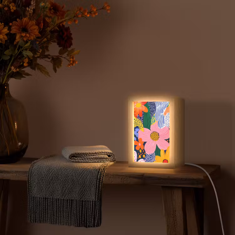 Kleurrijk - Bloemen - Abstract - Stippen Light Box met kabel (Tafellamp) klein -sfeer4