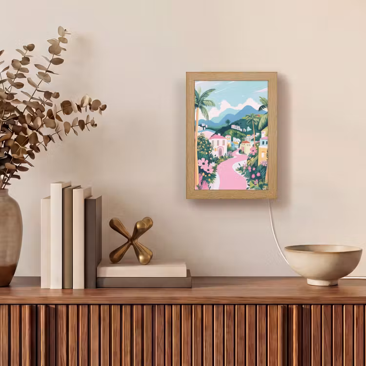 Kleurrijk - Huizen - Heuvels - Roze Light Box met kabel (Tafellamp) klein -sfeer2