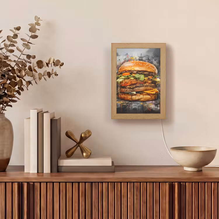 Burger - Eten - Kunst - Grijs - Graffiti Light Box met kabel (Tafellamp) klein -sfeer2