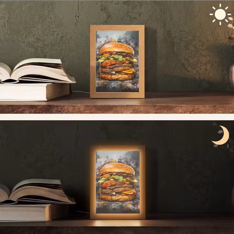 Burger - Eten - Kunst - Grijs - Graffiti Light Box met kabel (Tafellamp) klein -sfeer3