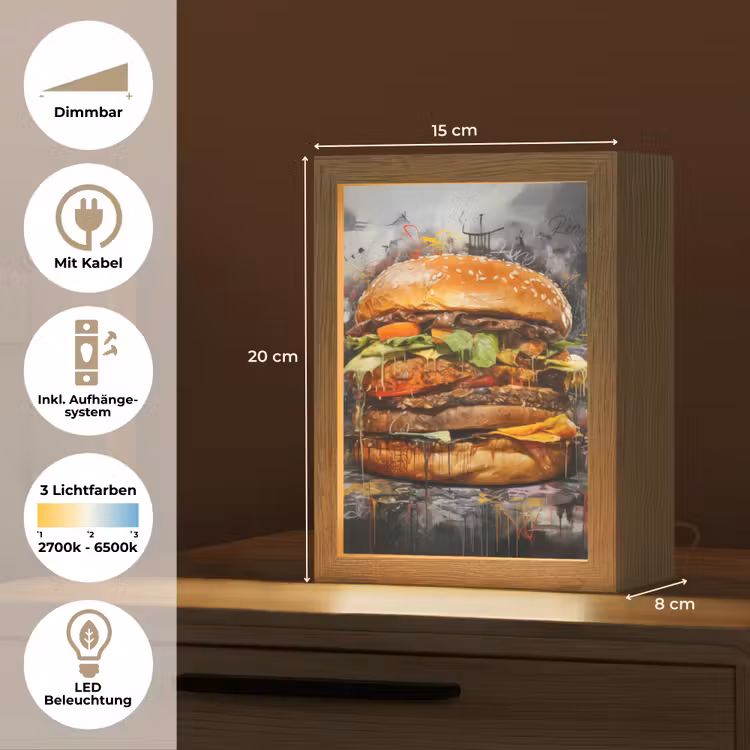 Burger - Eten - Kunst - Grijs - Graffiti Light Box met kabel (Tafellamp) klein -USP_DE
