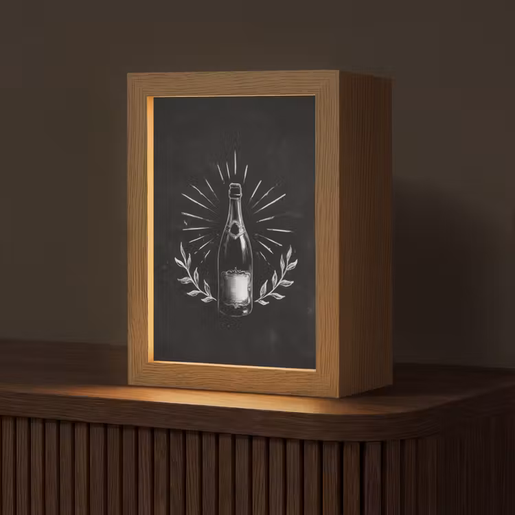 Champagnefles - Lauriertakken - Zwarte achtergrond Light Box met kabel (Tafellamp) klein -z3d_website