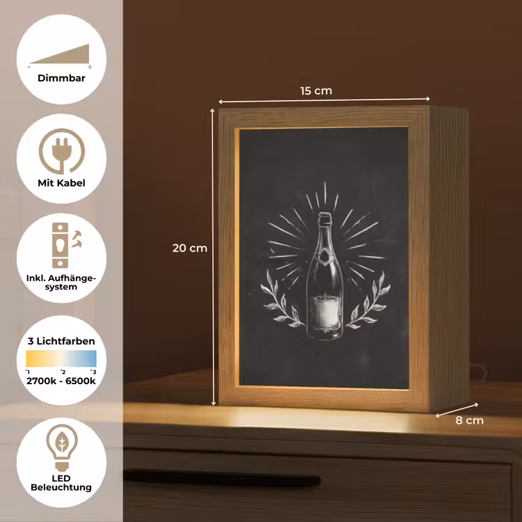 Champagnefles - Lauriertakken - Zwarte achtergrond Light Box met kabel (Tafellamp) klein -USP_DE