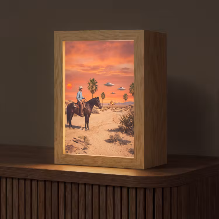 Tischlampe - Cowboy – Pferd – Wüste - Cowboy - Paard - Woestijn Light Box met kabel (Tafellamp) klein