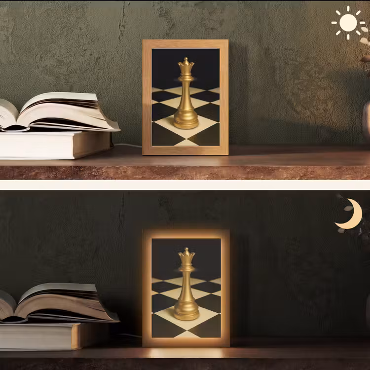 Koningin - Schaakstuk - Geblokt - Goud Light Box met kabel (Tafellamp) klein -sfeer3