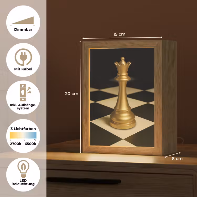 Koningin - Schaakstuk - Geblokt - Goud Light Box met kabel (Tafellamp) klein -USP_DE