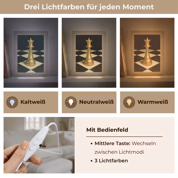Koningin - Schaakstuk - Geblokt - Goud Light Box met kabel (Tafellamp) klein -USP_lichtkleurDE