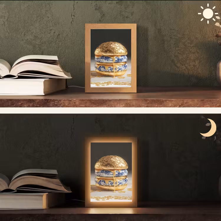 Delftsblauw - Goud - Burger Light Box met kabel (Tafellamp) klein -sfeer3