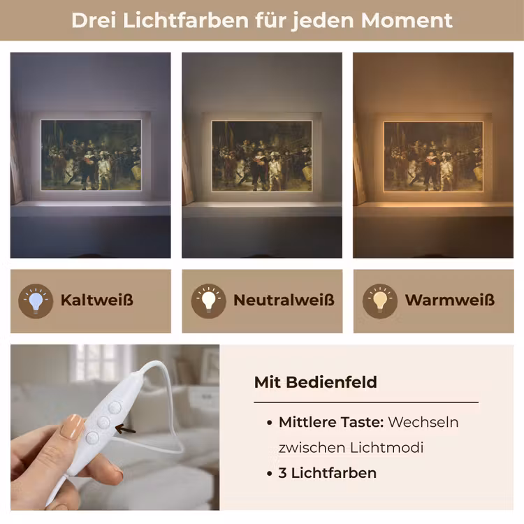 De Nachtwacht - Kunst - Oude meesters - Rembrandt Light Box met kabel (Tafellamp) klein -USP_lichtkleurDE