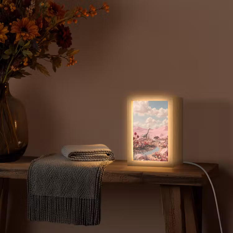 Tischlampe - Dinosaurier – Rosa – Landschaft - Dinosaurus - Roze - Landschap Light Box met kabel (Tafellamp) klein