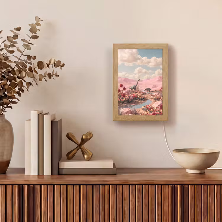 Tischlampe - Dinosaurier – Rosa – Landschaft - Dinosaurus - Roze - Landschap Light Box met kabel (Tafellamp) klein