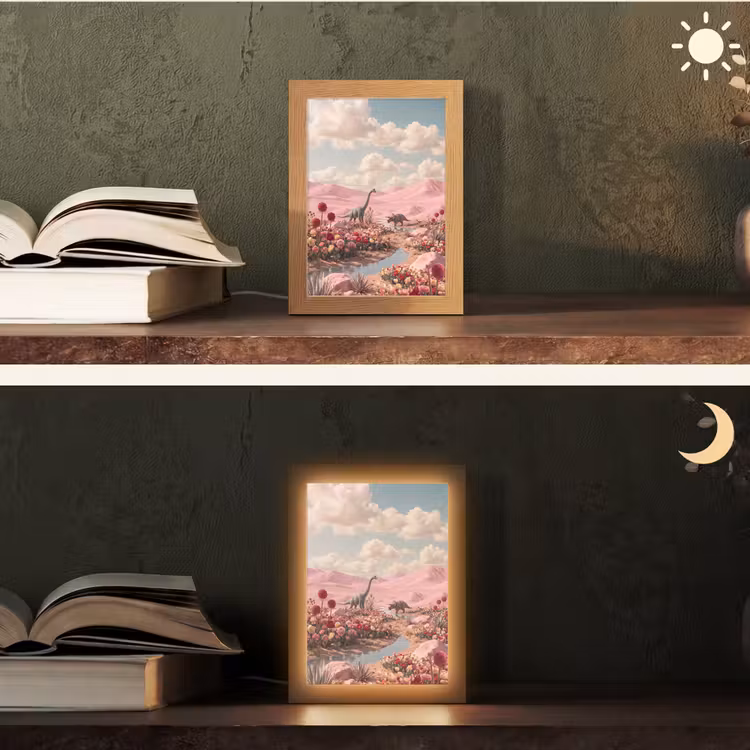 Tischlampe - Dinosaurier – Rosa – Landschaft - Dinosaurus - Roze - Landschap Light Box met kabel (Tafellamp) klein