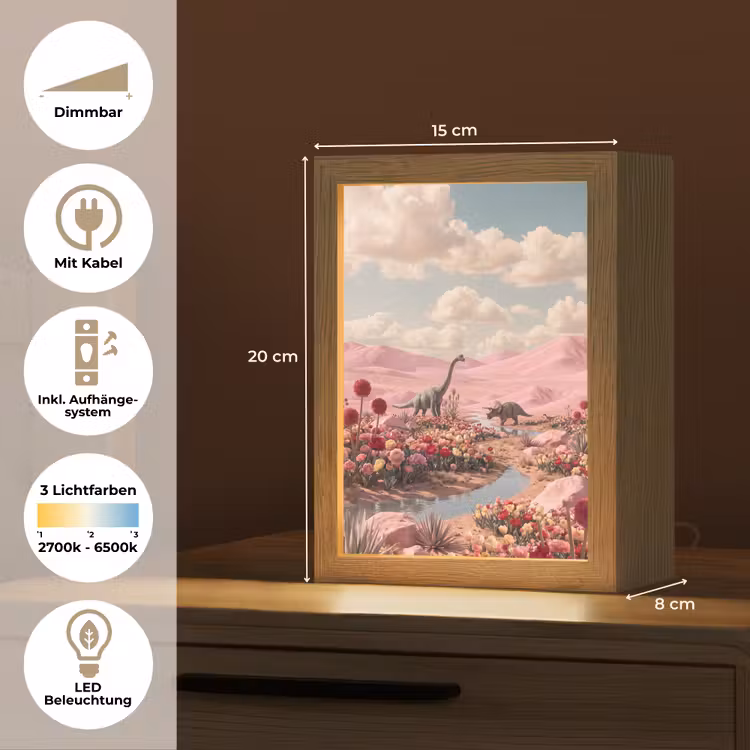 Tischlampe - Dinosaurier – Rosa – Landschaft - Dinosaurus - Roze - Landschap Light Box met kabel (Tafellamp) klein