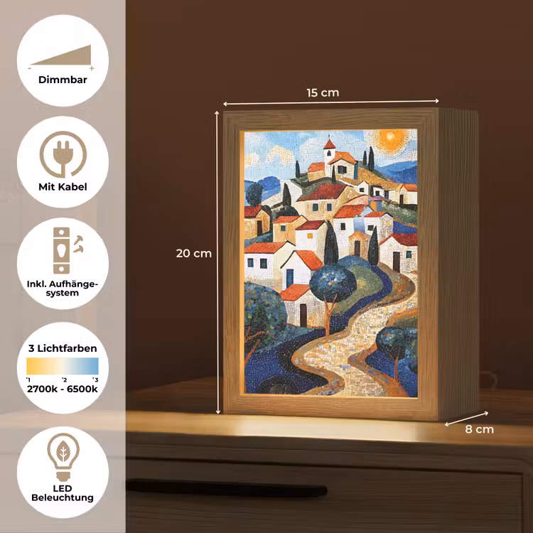 Dorp - Heuvelachtig - Zon - Mozaïek Light Box met kabel (Tafellamp) klein -USP_DE