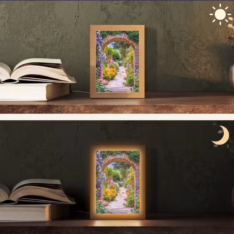 Doorkijk - Bloemen - Pad - Natuur Light Box met kabel (Tafellamp) klein -sfeer3