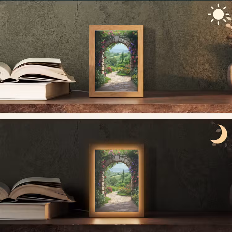 Doorkijk - Landschap - Bloemen - Pad - Uitzicht Light Box met kabel (Tafellamp) klein -sfeer3
