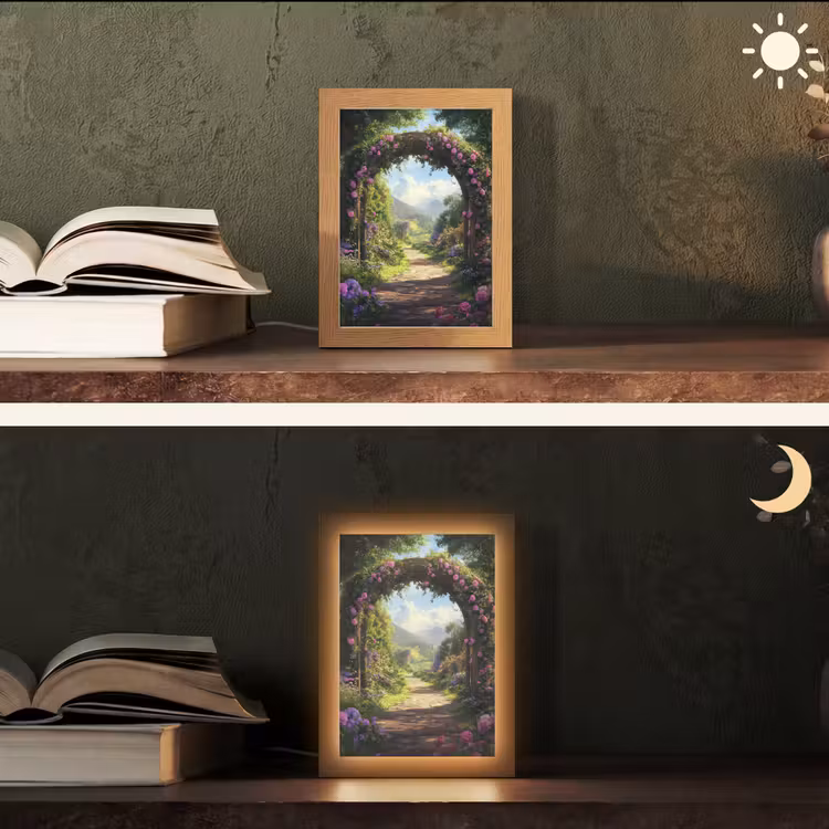 Doorkijk - Rozenboog - Uitzicht - Landschap - Bloemen Light Box met kabel (Tafellamp) klein -sfeer3
