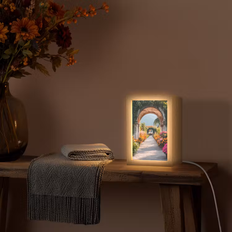 Doorkijk - Bloemen - Tropisch - Kleurrijk Light Box met kabel (Tafellamp) klein -sfeer4