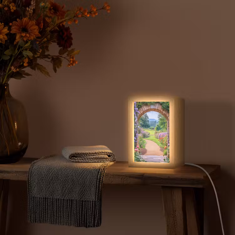 Doorkijk - Poort - Bloemen - Tuin Light Box met kabel (Tafellamp) klein -sfeer4