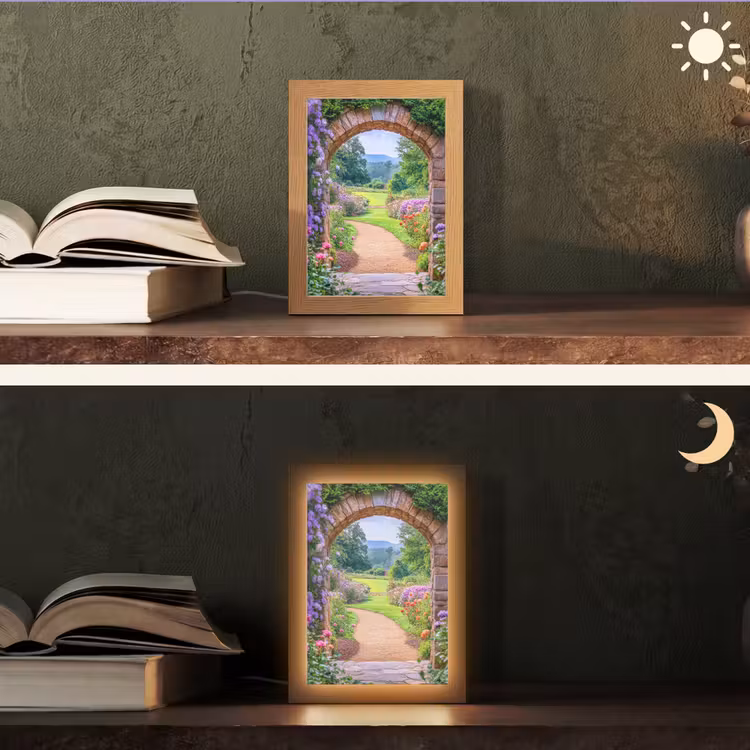 Doorkijk - Poort - Bloemen - Tuin Light Box met kabel (Tafellamp) klein -sfeer3