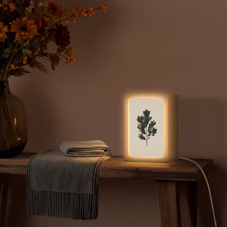 Eikenbladeren - Beige - Groen - Golvende randen Light Box met kabel (Tafellamp) klein -sfeer4