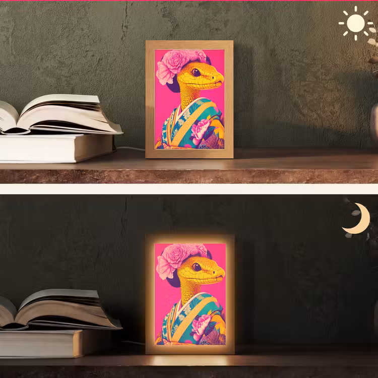 Hagedis - Bloemen - Roze - Kimono Light Box met kabel (Tafellamp) klein -sfeer3
