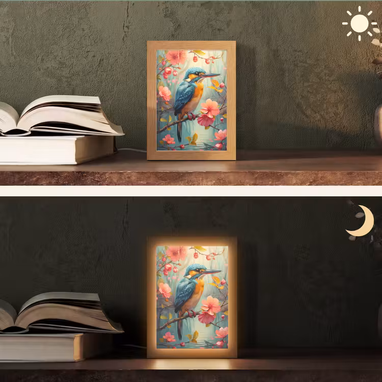 IJsvogel - Bloesem - Natuur - Vogels - Bloemen Light Box met kabel (Tafellamp) klein -sfeer3